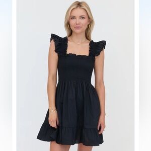 Hill House Elizabeth Black Smocked Bodice Ruffle-Shoulder Mini Dress XS